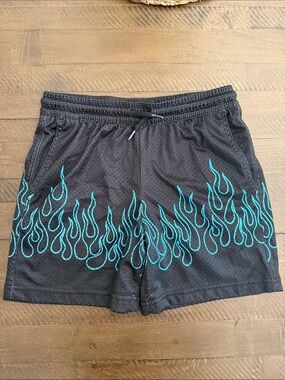 RSQ Boy’s Mesh Athletic Shorts, Black with Teal Flame Trim. NWOT.